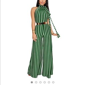 Green and white stripe jumpsuit